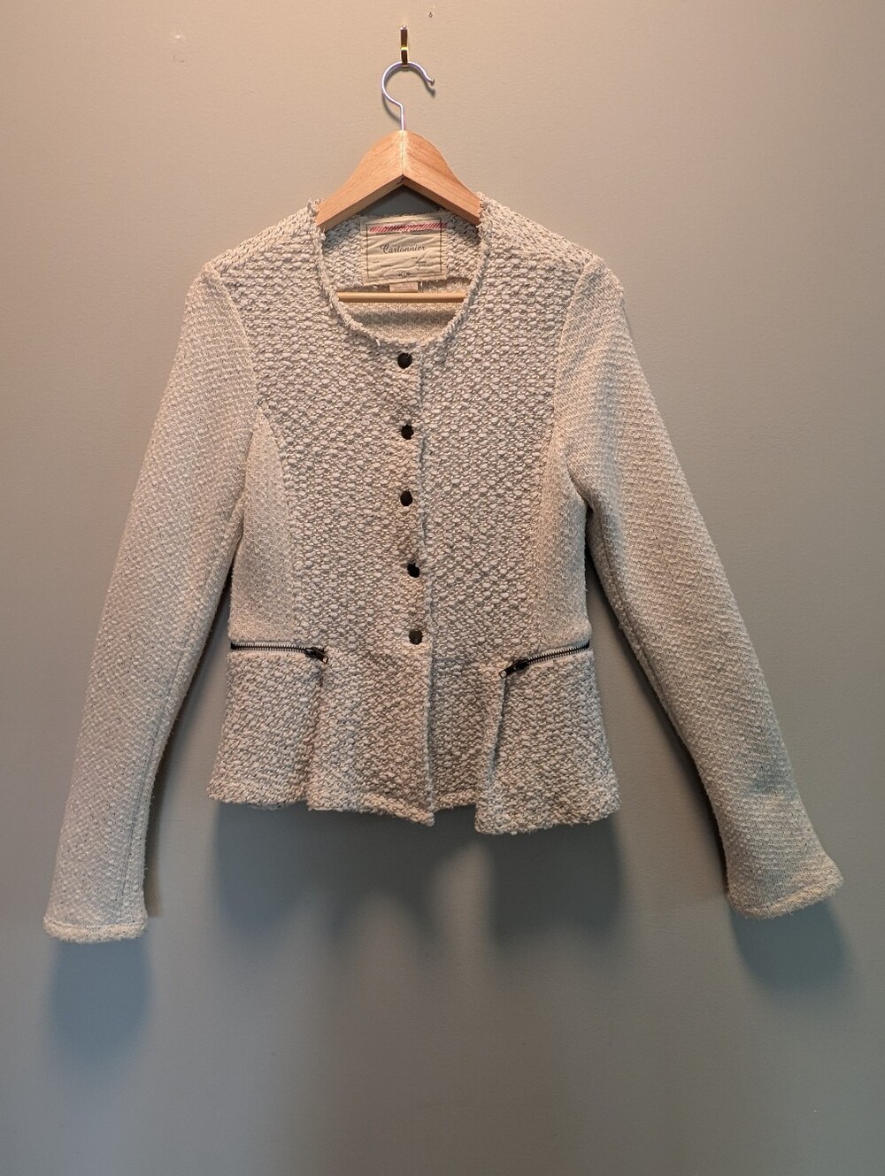 Cartonnier Anthropologie Knit Blazer Jacket Cream Bouclé Peplum Zip Pocket Size